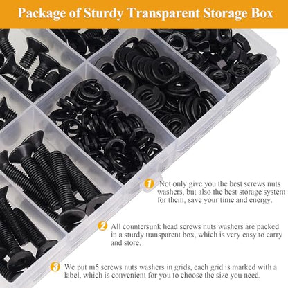 245 Pieces M5 Screws Nuts Washers Set Black, Sutemribor M5 x 6/8/10/12/16/20/25mm Countersunk Head Socket Cap Screws Nuts Washers Assortment Kit, 10.9 Grade Alloy Steel, Fully Threaded - size: M5, style: Countersunk Head Socket Cap