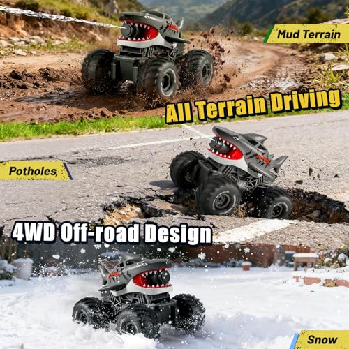 BOBXIN Amphibious Remote Control Shark Toy Monster Truck Grey | Squirt Water All-Terrain Off-Road Waterproof 4WD 2.4Ghz RC Boat Car Pool Water Toys for Kids Age 6+ - color: Grey
