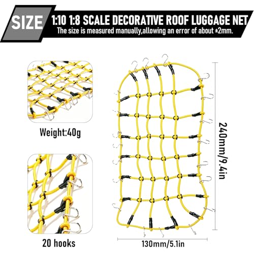1/10 RC Elastic Cargo Net with Hooks, 240×140mm Roof Luggage Net for SCX10 | Compatible with 1/10 1/8 Traxxas TRX-4, D90, D110, SCX10, 90046 1/10 1/8 Crawler Truck Buggy Rack Accessories (Yellow) - color: Yellow