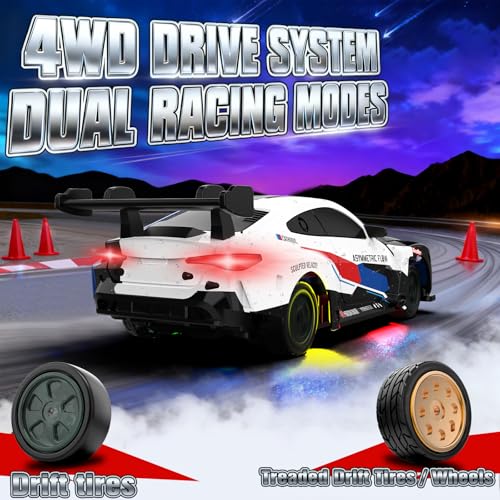 RC Drift Car, 1/43 Mini RC Drift Car with Gyro, 2.4GHz Full Proportional Control, 20M/H 4WD High Speed Remote Control Alloy, LED Lights & Drift Tires, Toys Gift for Adults, Boys and Girls - color: White