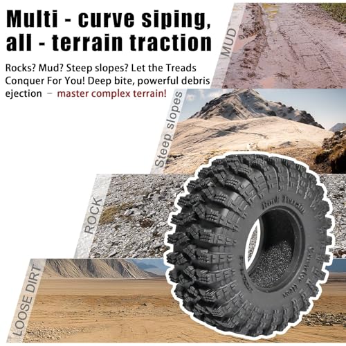 1.3” RC Tires - 70x26mm All Terrain Tyres 4-Pack for TRX4M SCX24 Crawlers | Soft Sticky Rubber Tyre with Foam Insert for Mud/Rock Climbing Compatible with 1/18 1/24 AX24 TRX4M SCX24 FCX24 Micro Crawler