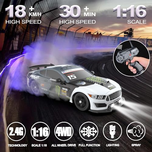 Remote Control Car RC Drift Car 1:16 Scale 4WD 18KM/H High Speed Model Vehicle 2.4GHz with LED Lights Spray Rubber Tire Racing Sport Toy for Adults Boys Girls Kids Gift 2Pcs Rechargeable Batteries - color: E-grey