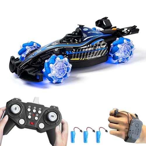RC Stunt Car, Gesture Sensing Remote Control Car with Sound Lights and Spray, 2.4GHz 4WD 360° Rotating RC Cars with 3 Batteries for Teens (Blue) - color: Blue, size: 3 Batteries