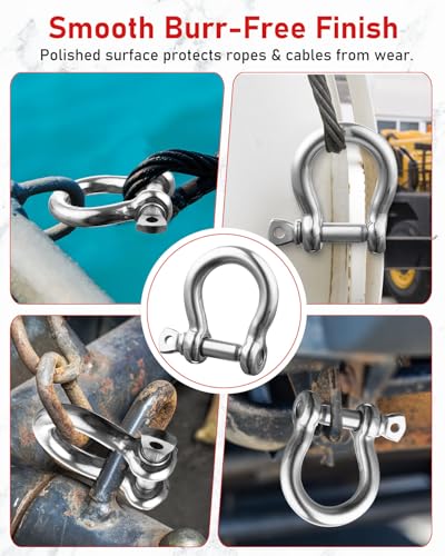 ZORUNNA 6 Pcs 3/8" 304 Stainless Steel D Ring Tow Shackles, Clevis Shackle | Marine Boat Anchor Chain and Line Shackles, for Towing, Engine Lifting, Wheelchair Tie-Downs, Outdoor Rigging - size: 3/8 inch