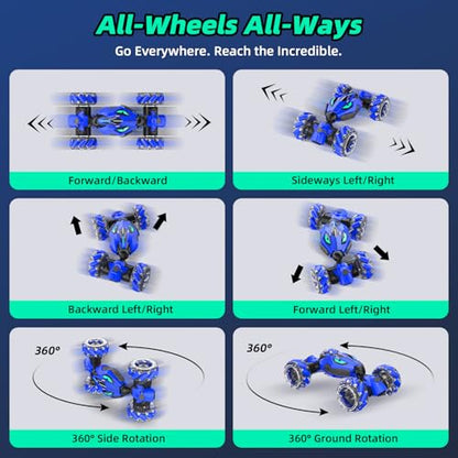 VisionX Unique 2.4GHz 4WD 360° Rotating Gesture Sensing RC Stunt Cars for Boys and Girls Ages 6-12, Double‑Sided Driving RC Drift Car, Birthday and Christmas Cool Car Toys Gifts for Kids, 2 Batteries - color: Vibrant Blue