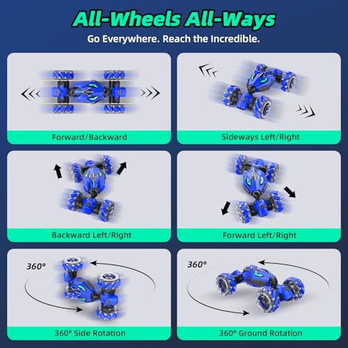 VisionX RC Stunt Cars, Unique 2.4GHz 4WD 360° Rotating Gesture Sensing | Boys and Girls Ages 6-12, Double‑Sided Driving RC Drift Car, Birthday and Christmas Cool Car Toys Gifts for Kids, 2 Batteries - color: Vibrant Blue