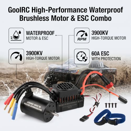 GoolRC BL3650 Brushless Motor, 3900KV Brushless Motor & 60A Waterproof ESC Combo, 4‑Pole 12‑Slot High Torque, 3.175mm Shaft, Accessory for Modification Enthusiasts 1/10 RC Cars & Trucks
