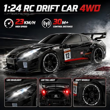HTURCCOP 1:24 RC Drift 2.4GHz with LED Light Race Car Toys for Boys and Girls Aged 6+ Speed Adjustable up to 23Km/H, High-Speed RC Racing Cars Toy Gift for Boys & Girls - color: Black