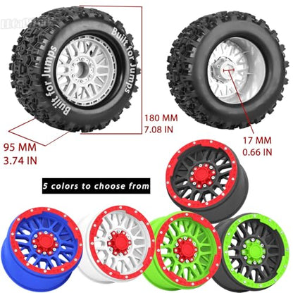 17mm Hex 1/7 1/8 1/10 RC Wheels and Tires for 1/10 Revo/Summit/T-Maxx/E-Revo,1/8 Kraton/Outcast/Fireteam/Notorious 6S,Sledge,1/7 Fireteam 6S,etc RC Monster Truck,(4Pcs) Red Black - color: Red Black - (Rc Truck Tires)