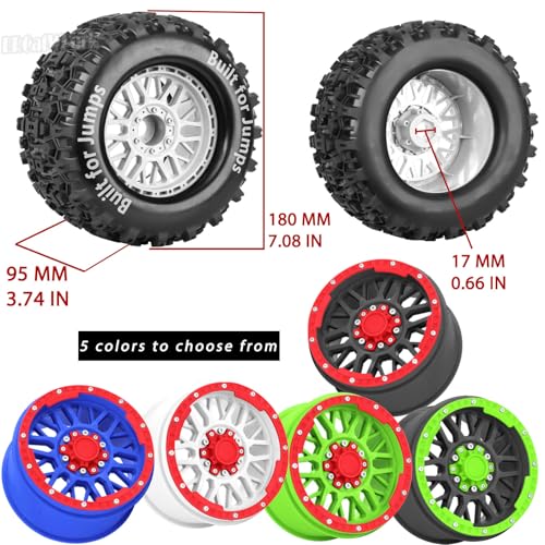 17mm Hex 1/7 1/8 1/10 RC Wheels and Tires for 1/10 Revo/Summit/T-Maxx/E-Revo,1/8 Kraton/Outcast/Fireteam/Notorious 6S,Sledge,1/7 Fireteam 6S,etc RC Monster Truck,(4Pcs) Red Blue - color: Red Blue - (Rc Truck Tires)