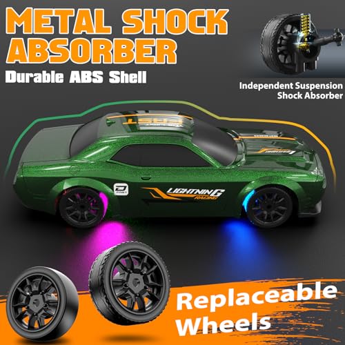 1/43 RC Drift Car, Mini Drifting RC Car with Gyro 2.4GHz Full Proportional Drift Cars 4WD RTR Remote Control Cars with Colorful Lights Gyroscope Fast Racing Vehicle Gift for Kids Boys Adults - color: Green