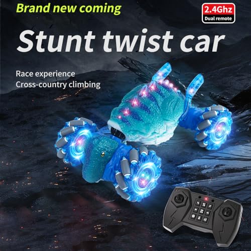 RC Stunt Car, Dinosaur Remote Control Car, 2.4GHz 4WD Gesture Sensing RC Cars with 360° Rotating, Lights and Music, 2 Batteries, Birthday Gifts (Red), HG4-44