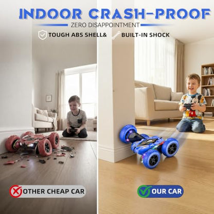 Wedopro RC Car for Boy Ages 6-12: 2 Batteries 360° Stunt Rotating 4WD Remote Control Toy with Headlights, Indoor Outdoor Birthday Gifts for Kids 6 7 8 9 10 11 12, Blue