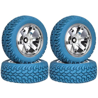 4PCS 75mm Rubber Tires and 6Spokes Plastic Wheel Rims Tyre for 1/10 RC On-Road Drift Racing Car 1:14 1:16 Rally Car for Tamiya Kyosho HPI HSP TT02 Upgrades Parts (Blue Silver) - color: Blue Silver