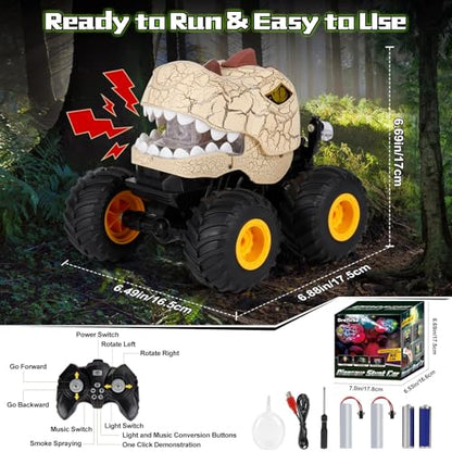 Drefirsa Remote Control Dinosaur Car for Boy 4-7 8-12, Dinosaur Toy for Kid | 50min+ Runtime,Stunt, Spray, LED Light, Rotating, Upright Driving, Monster Truck Toy for Kid Birthday Christmas Gift - color: Beige