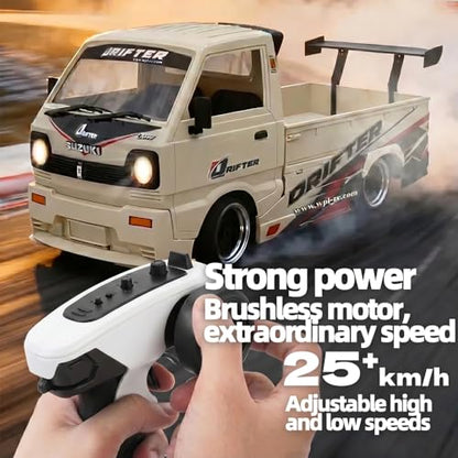 GoolRC WPL D-14S RC Kei Truck, 1:10 Scale Brushless RC Drift Car, 25KM/H High Speed Remote Control Car, 2.4GHz 4WD Proportional Throttle Steering Off Road Truck with LED Lights, 2 Batteries for Adults
