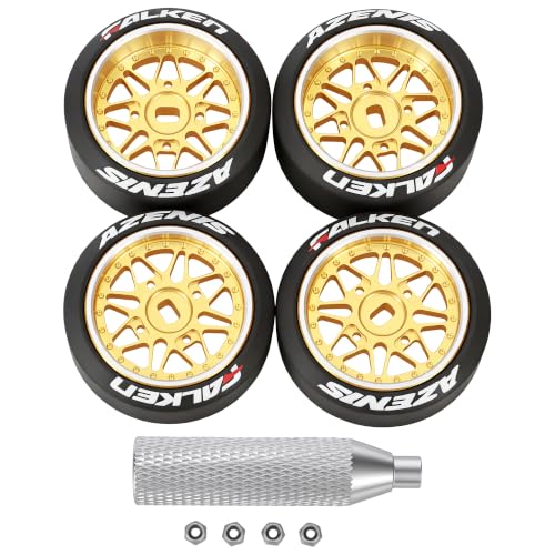 4 Pcs 25mm Star Shaped Rc Drift Wheels & Logo Drift Tires for 1/24 1/28 Wltoys, [2N+2W] Aluminum Alloy Rims with Rc Drift Car Tires for 1/24 1/28 Mini-Q HGD1 Wltoys K969 K989 k929(Gold) - color: Gold