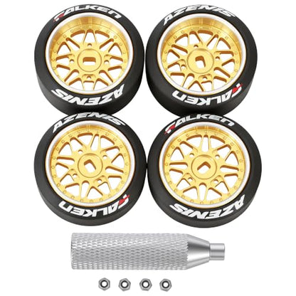 4 Pcs 25mm Star Shaped Rc Drift Wheels & Logo Drift Tires for 1/24 1/28 Wltoys, [2N+2W] Aluminum Alloy Rims with Rc Drift Car Tires for 1/24 1/28 Mini-Q HGD1 Wltoys K969 K989 k929(Gold) - color: Gold