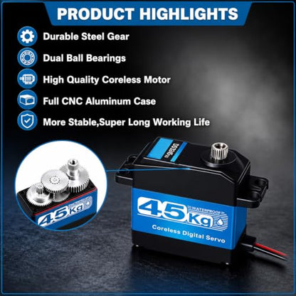 2 Packs Servo Motor 45KG High Torque Waterproof Digital Servo, 270 Degree Coreless Motor with Full Metal Gear and 25T Aluminum Arm for 1/10 Scale RC Car Truck Crawler Boat Robotic Arm DIY