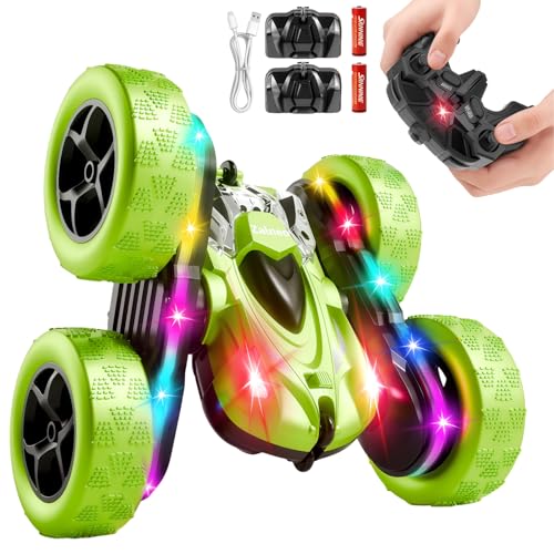 Remote Control Car – 4WD 360° Flip Double‑Sided RC Stunt Car LED Light Bar & USB‑C Modular Battery, Off‑Road Toys for Boys Ages 6‑12, Birthday Gift, Black‑Green - color: Black&green