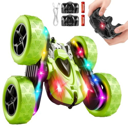 Remote Control Car – 4WD 360° Flip Double‑Sided RC Stunt Car LED Light Bar & USB‑C Modular Battery, Off‑Road Toys for Boys Ages 6‑12, Birthday Gift, Black‑Green - color: Black&green