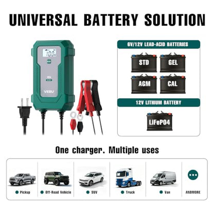 10A 6V/12V Smart Battery Charger- Automatic Maintainer, Trickle Charger & Desulfator with Overcharge Protection, Plug & Play Design for Lead-Acid & LiFePO4 Batteries - size: 10 A