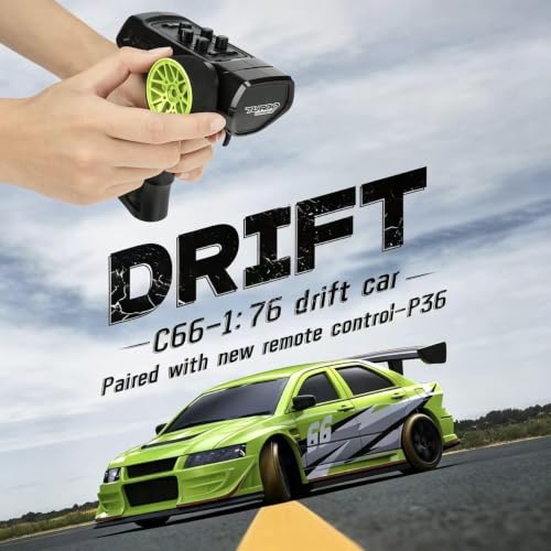 Turbo Racing C66 1:76 RC Drift Car with Gyro & LED Lights (C66-Green) | Includes mini track, 2 blank shells, 4 light guides & tools — everything to race right out of the box - color: Green