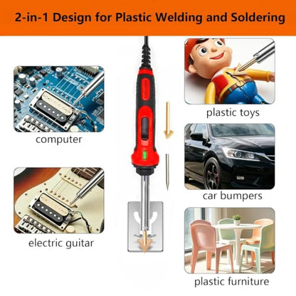 100W 2-in-1 Plastic Welder Kit with Soldering Iron Tips and 56 Rods, 3-Speed Temperature Control Plastic Welding Gun, Professional Surface Repair Tool for Car Bumper, Dashboard, Kayak