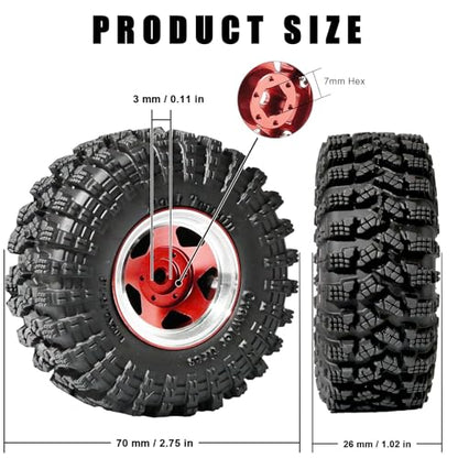 1.3” Beadlock Wheel Tires Set 70 * 26mm Aluminum Wheel Rims Super Large Soft Mud Terrain Off-Road Tires for 1/18 1/24 RC Crawler Car SCX24 Axial AX24 FMS FCX24 TRX4M Upgrade RC Car（4 Pcs） Red - color: Red