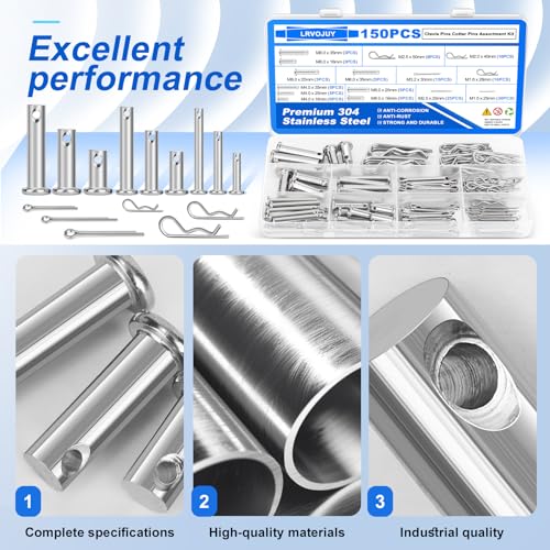 150PCS Premium 304 Stainless Steel Clevis Pins Cotter Pins R Clips Assortment Kit, 15 Sizes Single Hole Flat Head Cotter Clips Fasteners for Trailer Hitch, Automotive, Machinery Use - size: 150Pcs - 15 Sizes
