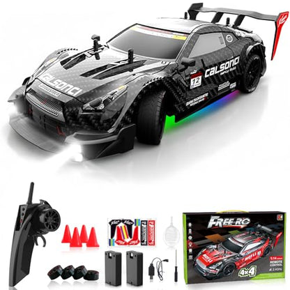 Remote Control Car RC Drift Car 1:16 Scale 4WD RC Vehicle with LED Lights 2.4GHz 30km/h RTR High Speed Racing Sport Toy for Adults Boys Girls Kids Gift 2Pcs Rechargeable Battery - color: Black