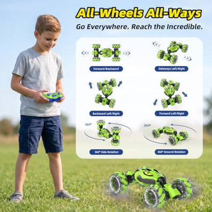 VisionX Unique 4WD High Speed RC Cars, Gesture Sensing Remote Control | Outdoor Toys for Kids Ages 6 7 8 9 10 11 12 Year Old, Double‑Sided Driving RC Drift Car, 360° Rotating Stunt Car Toys - color: Green