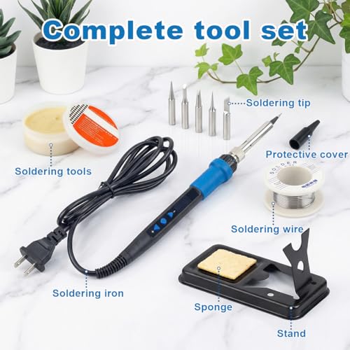 Soldering Iron Kit, 80W 110V LED Digital Solder Gun with Ceramic Heater, Portable Welding Tool Set with 5 Tips, Solder Wire, Stand & Sponge for Metal, Electrical Repair and DIY