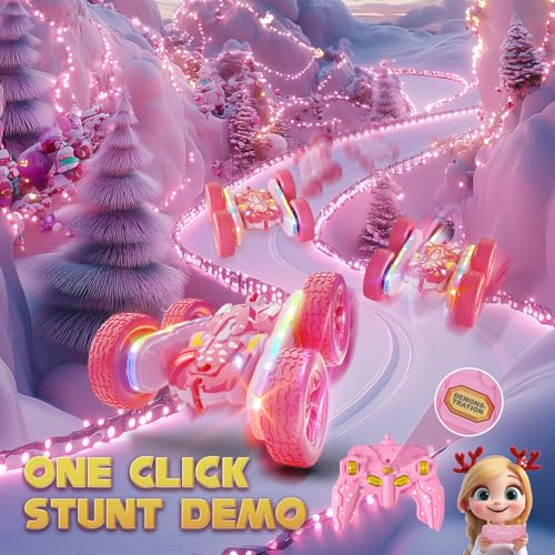 Remote Control Car for Girls, Pink RC Cars Stunt RC Car Girl Toys for Girls Double-Sided 360° Rotating with Headlights 4WD Kid Toys for Birthday Gifts (Pink) - color: Pink
