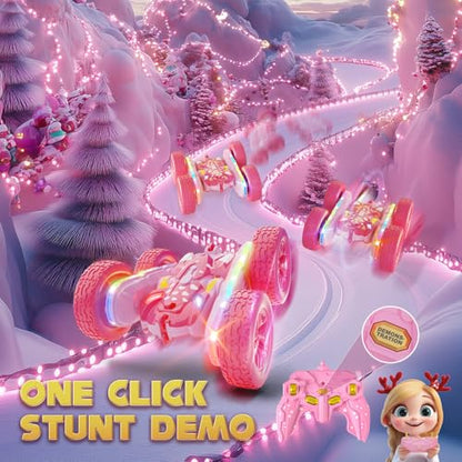 Remote Control Car for Girls, Pink RC Cars Stunt RC Car Girl Toys for Girls Double-Sided 360° Rotating with Headlights 4WD Kid Toys for Birthday Gifts (Pink) - color: Pink