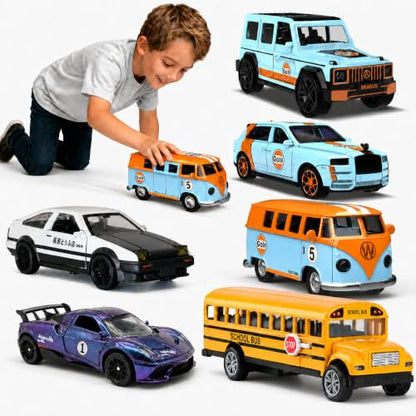 1:32 Alloy Pull Back Truck Toys for Kids, 6 Pack Die Cast Car Set with Road Map, Traffic Signs & Light, Toy Vehicle Playset, Birthday for Boys Girls Ages 3-8 - size: Alloy car 6-piece setpiece set