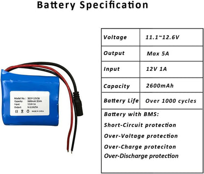 Seasider 12V 2600mAh Battery, Bare Leads Wire Replacement Battery with 12V Charger for 12 Volt Device RC Car, Robot, DIY, LED Light Strip