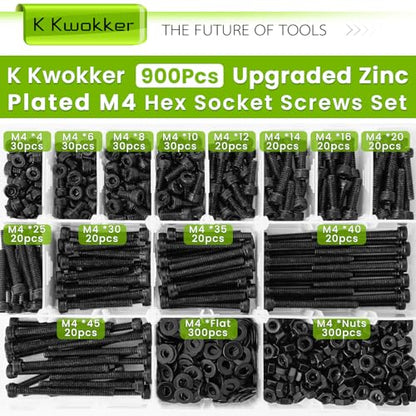 900PCS M4 Nuts and Bolts Assortment Kit 4mm-45mm, Upgraded Zinc Plated 12.9 Alloy Steel M4 Screw Assortment, Hex Socket Head Cap Machine Screws Bolts and Nuts Kit 4/6/8/10/12/14/16/20/25/30/35/40/45MM - size: A.M4