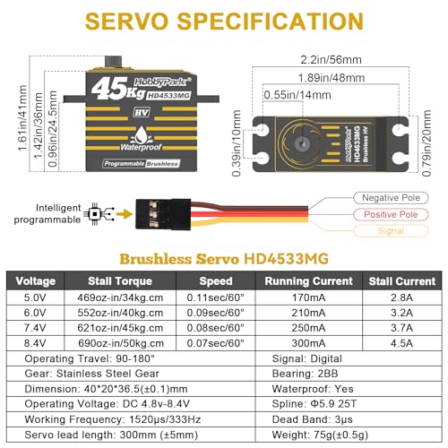 HobbyPark Waterproof 45kg High Torque Servo Brushless Motor 8.4V HV Servo Metal Gear Digital Servo Stainless Steel Gear for RC Crawler RC Car RC Truck RC Buggy Control Angle 180° 0.08sec 2BB