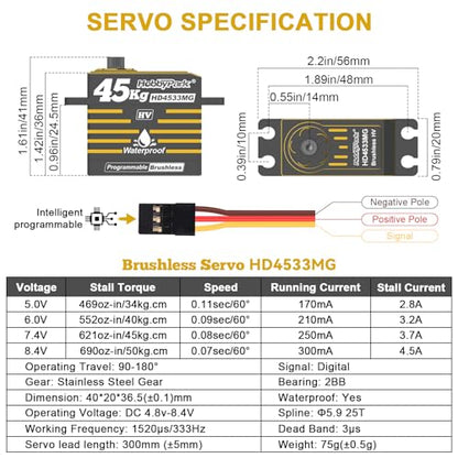 HobbyPark Waterproof 45kg High Torque Servo Brushless Motor 8.4V HV Servo Metal Gear Digital Servo Stainless Steel Gear for RC Crawler RC Car RC Truck RC Buggy Control Angle 180° 0.08sec 2BB