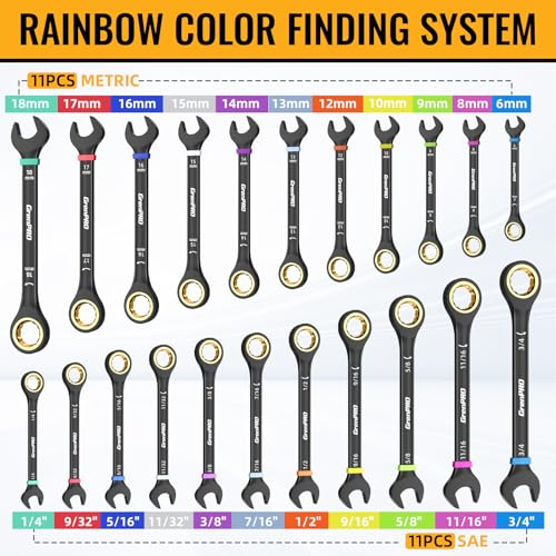GRENPRO 23PCS Ratcheting Combination Wrench Set SAE Metric Mechanic Tools | 1/4"-3/4"&6-18MM Bolt Gauge, Electro-Coated CR-V 72-Tooth 5Deg Swing 12Pt Color Rings, Roll Pouch for Auto&Home Repair - style: Ratcheting Wrench Set with Color Ring (Metric&SAE)