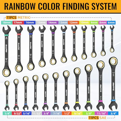 GRENPRO 23PCS Ratcheting Combination Wrench Set SAE Metric Mechanic Tools | 1/4"-3/4"&6-18MM Bolt Gauge, Electro-Coated CR-V 72-Tooth 5Deg Swing 12Pt Color Rings, Roll Pouch for Auto&Home Repair - style: Ratcheting Wrench Set with Color Ring (Metric&SAE)