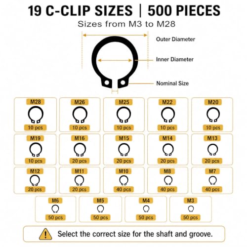 1000-Piece C Clips & E Clips Assortment Kit - 32 Sizes, Retaining Rings | Black carbon steel snap ring kit: 32 metric sizes, C clips M3-M28 and E clips 1.5-15 mm, labeled case for automotive repair