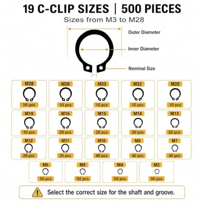 1000-Piece C Clips & E Clips Assortment Kit - 32 Sizes, Retaining Rings | Black carbon steel snap ring kit: 32 metric sizes, C clips M3-M28 and E clips 1.5-15 mm, labeled case for automotive repair