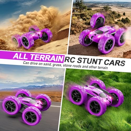 QUNREDA RC Cars, Purple Remote Control Car for Girls, 2.4 GHZ Double Sided RC Stunt Car 360° Rotating Remote Control Crawler with Headlights Car Toys for 6 7 8 9 10 11 12 Girls Birthday Gift - color: Purple