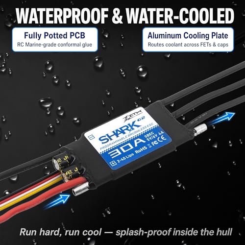 ZTW Shark G2 30A ESC 2-4S Built-in Swithcing BEC 5V/6V 4A Water-Cooling Bidirectional Waterproof Brushless Speed Controller for RC Boat Marine - size: 30A