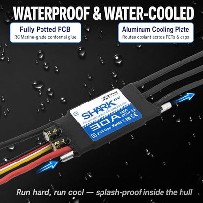 ZTW Shark G2 30A ESC 2-4S Built-in Swithcing BEC 5V/6V 4A Water-Cooling Bidirectional Waterproof Brushless Speed Controller for RC Boat Marine - size: 30A