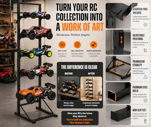 Upgraded RC Car Display Stand Compatible with TRX4, TRX4M, SCX10, FCX18 and Ascent-18, SCX24 RC Crawler Trucks, Adjustable Multilayer Storage Rack Shel for 1/8 1/10 1/12 1/18 1/24 Scale Model Cars