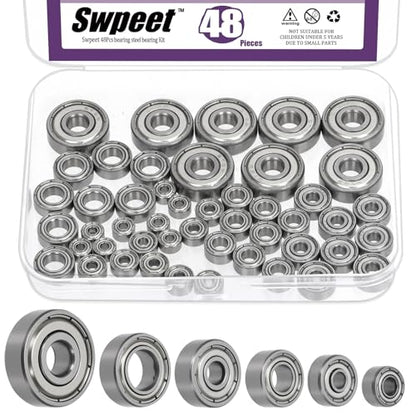 Swpeet 48Pcs 6 Sizes 693ZZ, 623ZZ, 624ZZ, 685ZZ, 687ZZ,627ZZ Ball Bearings Assortment Kit, Bearing Steel Deep Groove Bearings, Double Shielded - size: Assortment Kit-48PCS, style: Bearing Steel