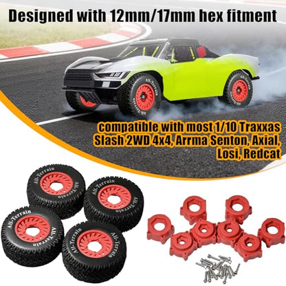 1/10 RC Short Course Truck Tire and Wheel - 12mm/17mm Hex, Red | All-Terrain Tires and Nylon Wheels Compatible with 1/10 Traxxas Slash 4WD 2WD Arrma Senton Axial Losi Redcat RC Buggy, 4-Pack - color: Red